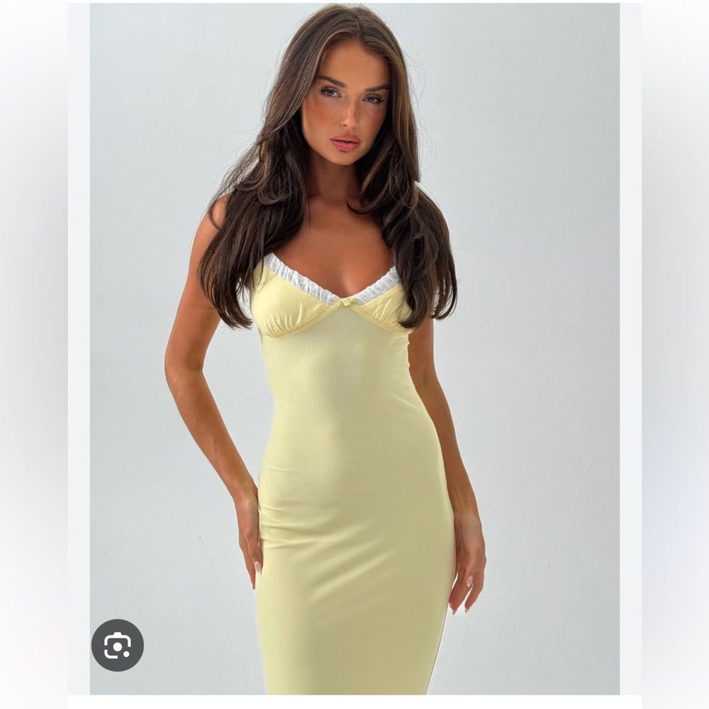 Tiger Mist Pale Yellow Maxi Slip Dress with White Trim
